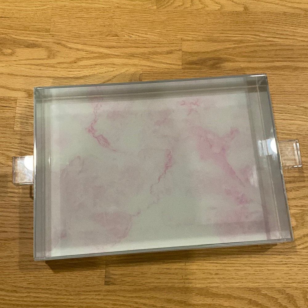 Beautiful home decor decorative lucite tray with pink and white marble print.